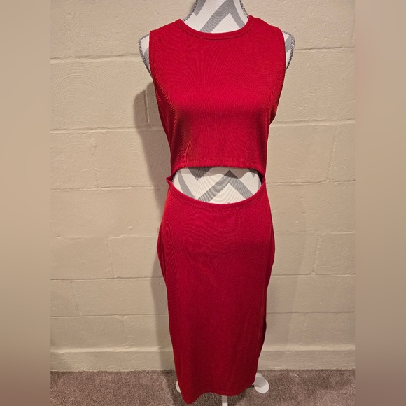 PrettyGarden Dresses & Skirts - PrettyGarden Dress Womens Large Midi Red Bodycon Dress Sleeveless Knit Cutout.